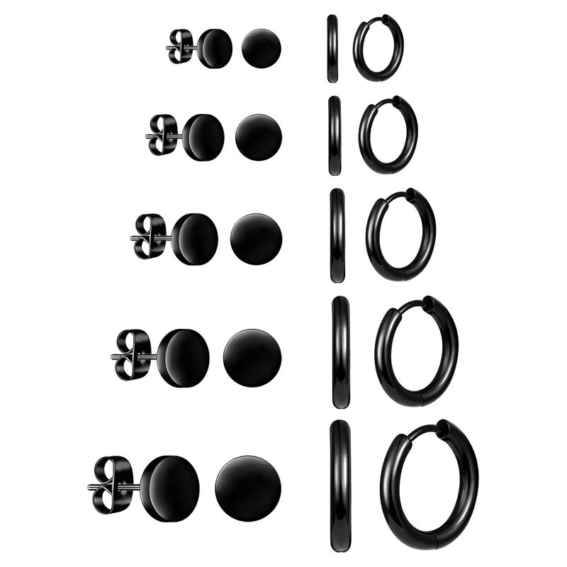 ALEXCRAFT 10 Pairs Small Black Stud Hoop Earrings for Men Black Stainless Steel Sutds Hoops Jewelry Set - Image 1