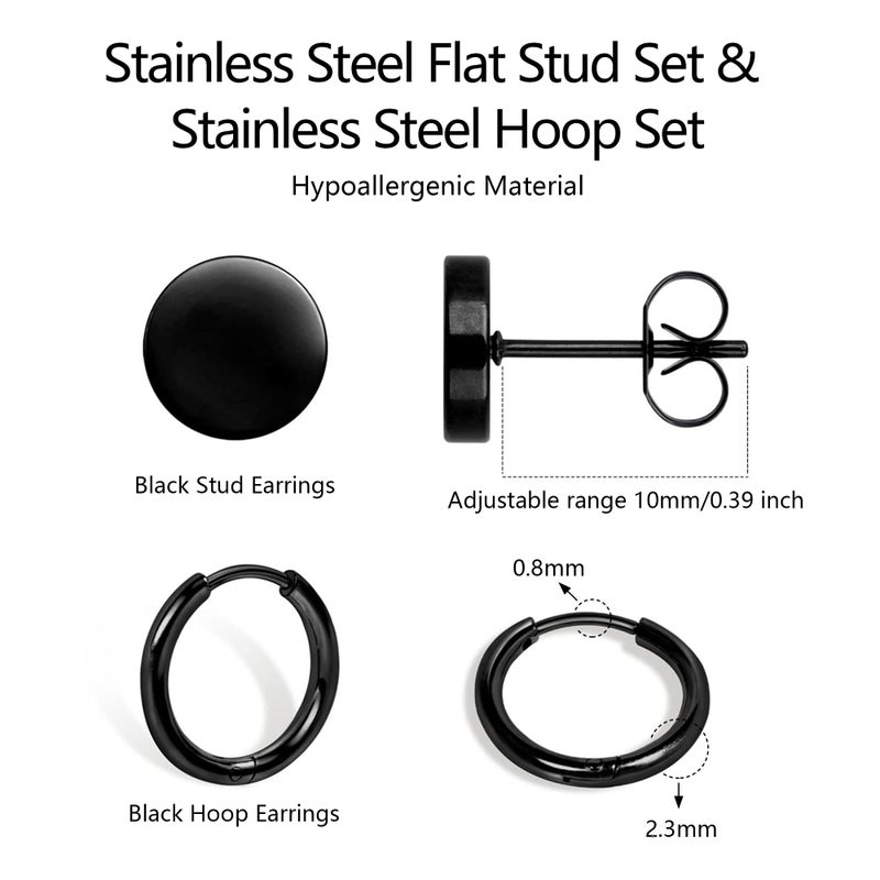 ALEXCRAFT 10 Pairs Small Black Stud Hoop Earrings for Men Black Stainless Steel Sutds Hoops Jewelry Set - Image 4