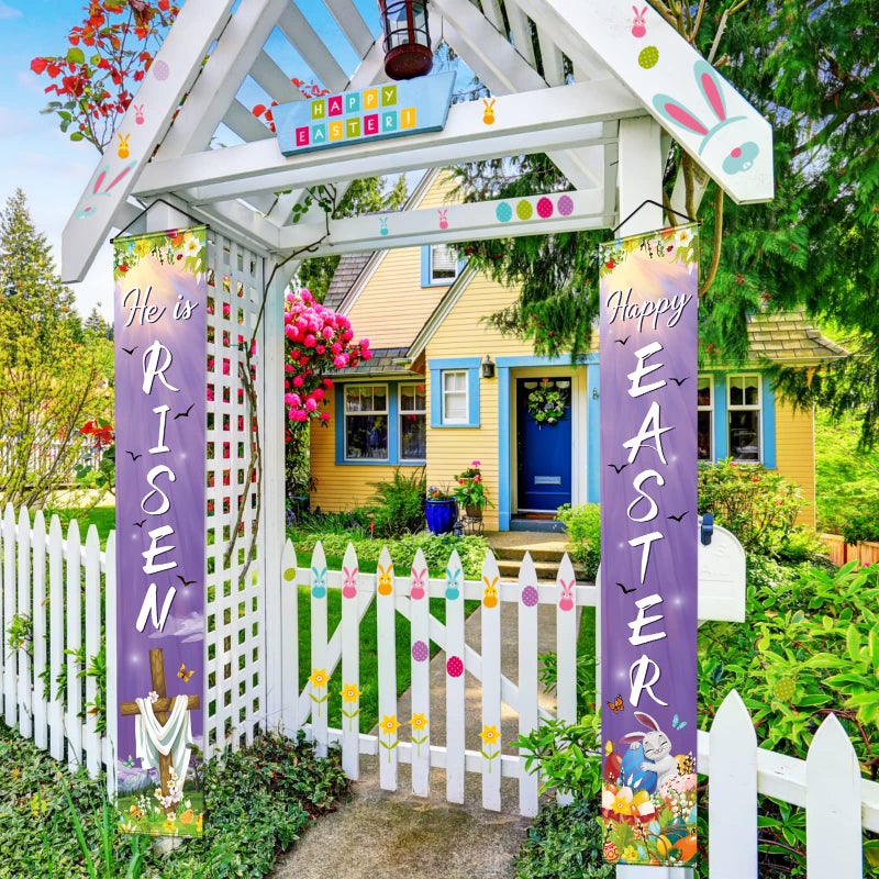 Tegeme Happy Easter He Is Risen Porch Sign Banner Happy Easter Door Banners Hanging Decorations for Home Outdoor Indoor Wall Front Door Decor, 2 Pcs - Image 3