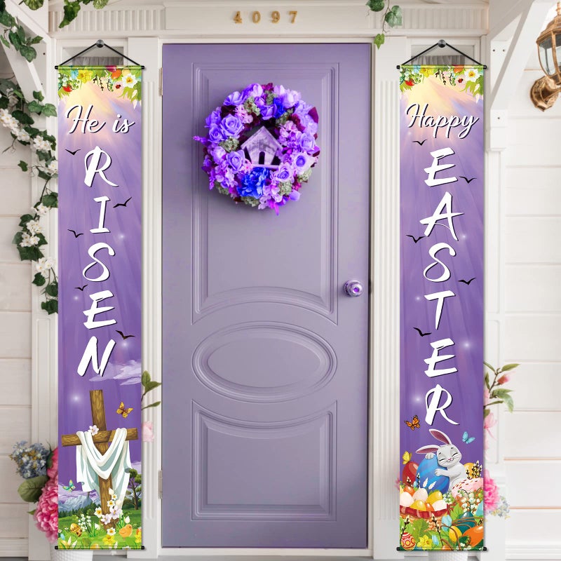 Tegeme Happy Easter He Is Risen Porch Sign Banner Happy Easter Door Banners Hanging Decorations for Home Outdoor Indoor Wall Front Door Decor, 2 Pcs - Image 1