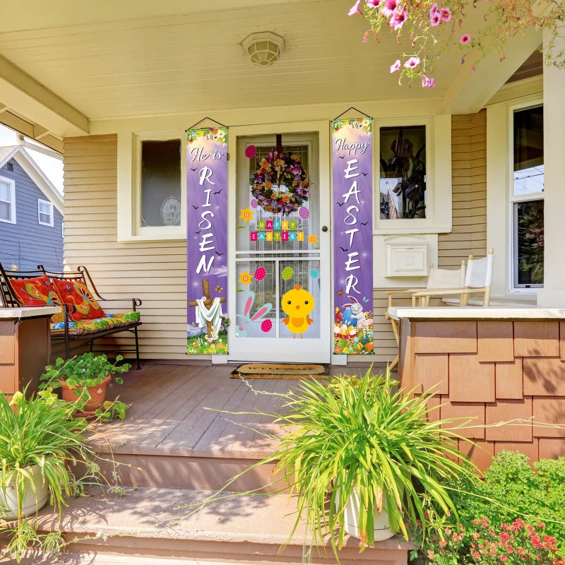 Tegeme Happy Easter He Is Risen Porch Sign Banner Happy Easter Door Banners Hanging Decorations for Home Outdoor Indoor Wall Front Door Decor, 2 Pcs - Image 5