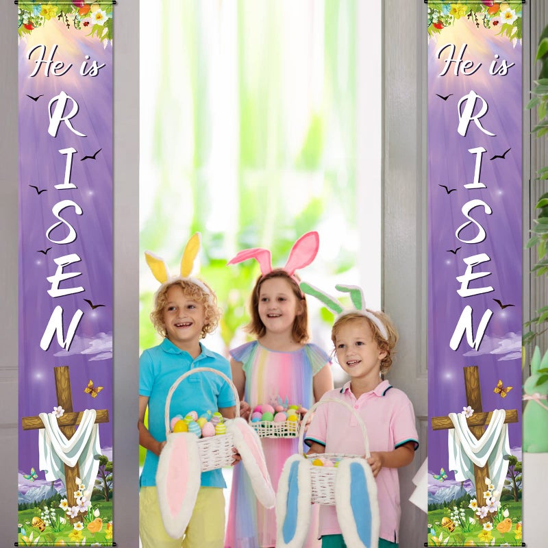 Tegeme Happy Easter He Is Risen Porch Sign Banner Happy Easter Door Banners Hanging Decorations for Home Outdoor Indoor Wall Front Door Decor, 2 Pcs - Image 4