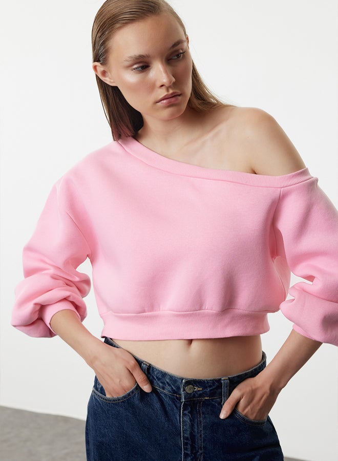 trendyol Pink Asymmetric Collar Fleece Crop Sweatshirt - Thick Inside, Regular Fit - Image 1