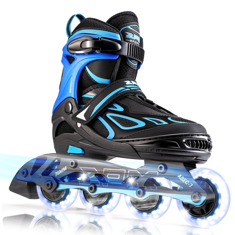 2PM Sports Vinal Boys and Girls Adjustable Flashing Inline Skates All Wheels Light Up Fun Illuminating Skates for Kids and Men Azure Medium1Y4Y US
