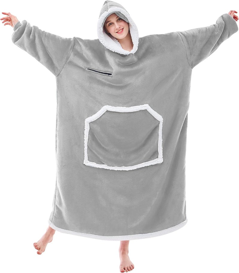 IFNOW Wearable Blanket Hoodie,Birthday Christmas Gifts for Women Mom Girlfriend,Oversized Sherpa Hooded Blanket Sweatshirt with Eye Mask and Pocket,Cozy Flannel Blanket with Sleeves for Adult,Grey - Image 1