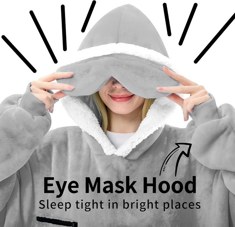 IFNOW Wearable Blanket Hoodie,Birthday Christmas Gifts for Women Mom Girlfriend,Oversized Sherpa Hooded Blanket Sweatshirt with Eye Mask and Pocket,Cozy Flannel Blanket with Sleeves for Adult,Grey - Image 2