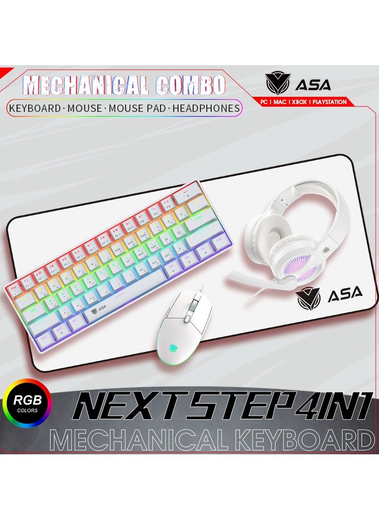ASA - RGB Backlit Mechanical Keyboard, Mouse, Headset, Mouse Pad Combo 4in1 for Work Office Home for Windows/Android TV Box/Raspberry Pi/PC/Laptop/PS5/4/3, Arabic/English Layout - Wired - Image 1