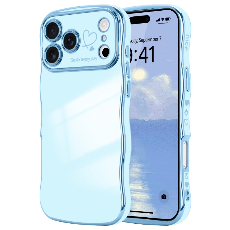 LCHULLE for iPhone 17 Pro Max Case for Women Girls, Cute Wave Frame Curly Shape with Love Heart Raised Camera Protection Cover Luxury Plating Shockproof Phone Case for iPhone 17 Pro Max, Baby Blue - Image 1