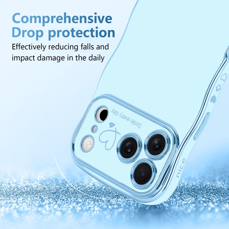 LCHULLE for iPhone 17 Pro Max Case for Women Girls, Cute Wave Frame Curly Shape with Love Heart Raised Camera Protection Cover Luxury Plating Shockproof Phone Case for iPhone 17 Pro Max, Baby Blue - Image 3