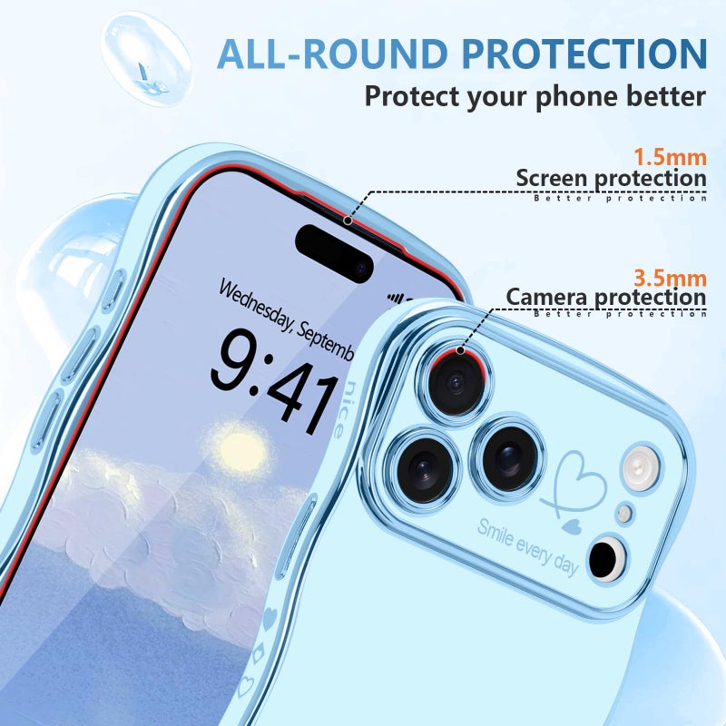 LCHULLE for iPhone 17 Pro Max Case for Women Girls, Cute Wave Frame Curly Shape with Love Heart Raised Camera Protection Cover Luxury Plating Shockproof Phone Case for iPhone 17 Pro Max, Baby Blue - Image 4