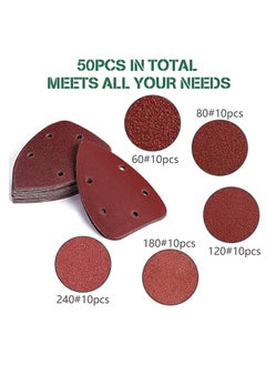 KASTWAVE 50 Pieces Mouse Detail Sander Pads Sanding Pads Sheets Hook and Loop Assorted 60/80/120/180/240 Grits Sander Paper - 5 Holes Triangle Sandpaper for Black and Decker Detail Palm Sander  - Image 4