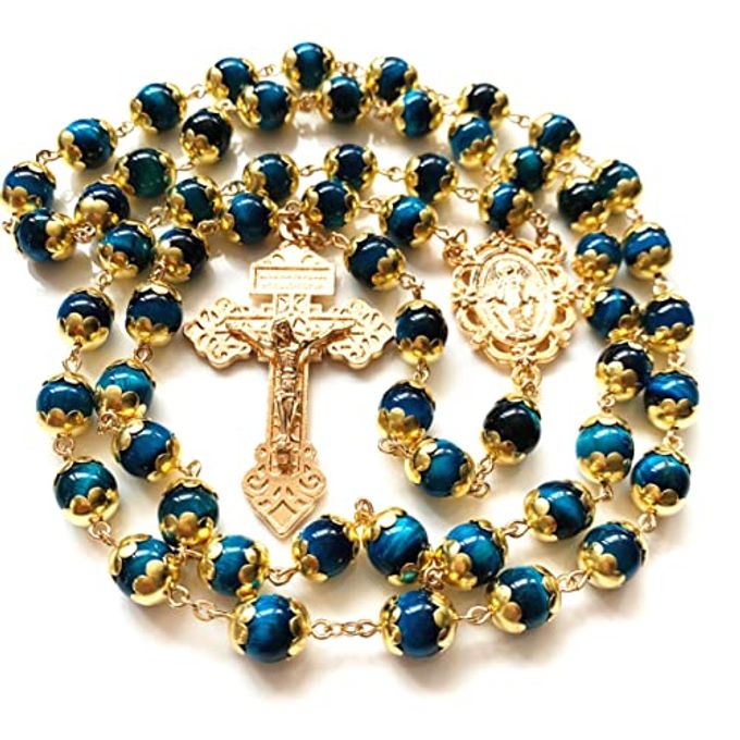 elegantmedical HANDMADE Peacock blue Tiger Eye Prayer Beads Catholic Rosary Necklace Gift Box Italy Crucifix (Peacock blue) - Image 4