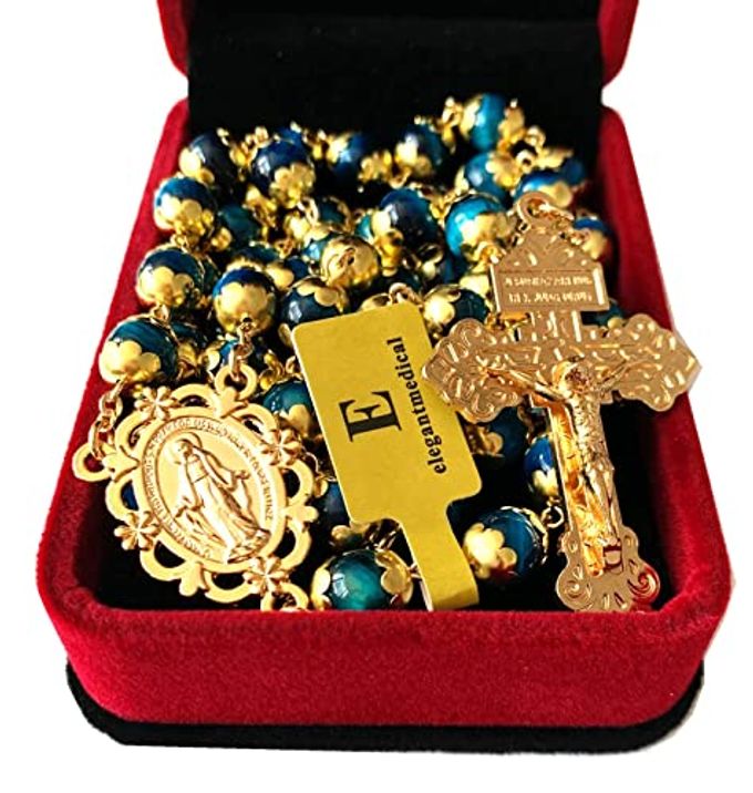 elegantmedical HANDMADE Peacock blue Tiger Eye Prayer Beads Catholic Rosary Necklace Gift Box Italy Crucifix (Peacock blue) - Image 2