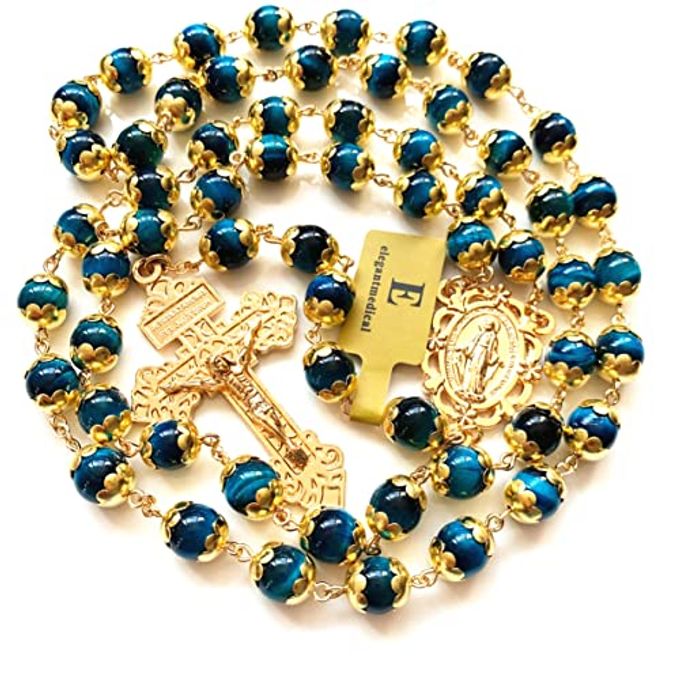 elegantmedical HANDMADE Peacock blue Tiger Eye Prayer Beads Catholic Rosary Necklace Gift Box Italy Crucifix (Peacock blue) - Image 3