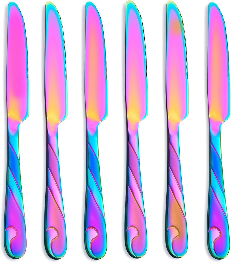 Seeshine Rainbow Dinner Knife Set, Stainless Steel Shiny Rainbow Meat Knife For Table, 9.2-inch Knife Silverware Set, Set of 6 - Image 1