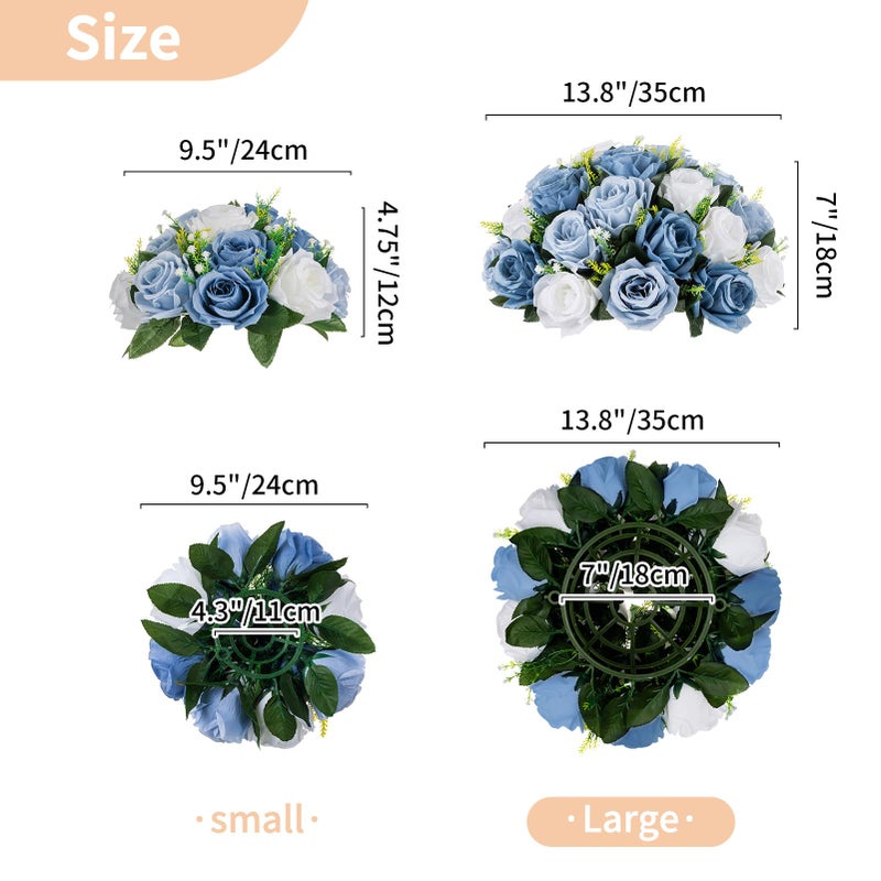 NUPTIO Large Artificial Flower Centerpieces - 2 Pcs 13.8in Diameter Dusty Blue & White Fake Flowers Roses Balls - Silk Faux Rose Arrangement for Tables Wedding Party Centerpiece Table Decorations - Image 2