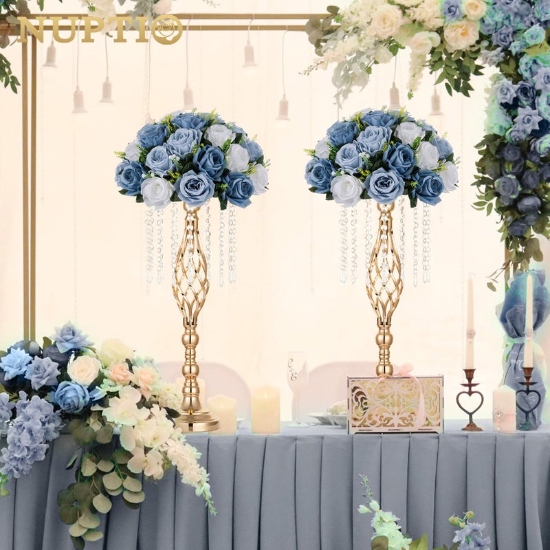NUPTIO Large Artificial Flower Centerpieces - 2 Pcs 13.8in Diameter Dusty Blue & White Fake Flowers Roses Balls - Silk Faux Rose Arrangement for Tables Wedding Party Centerpiece Table Decorations - Image 5