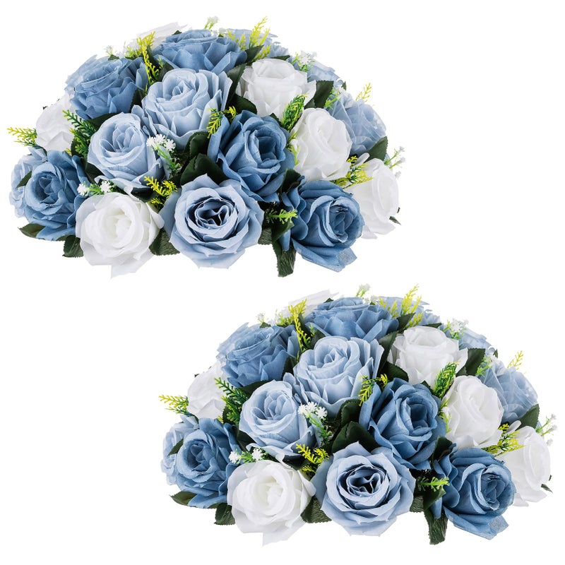 NUPTIO Large Artificial Flower Centerpieces - 2 Pcs 13.8in Diameter Dusty Blue & White Fake Flowers Roses Balls - Silk Faux Rose Arrangement for Tables Wedding Party Centerpiece Table Decorations - Image 1