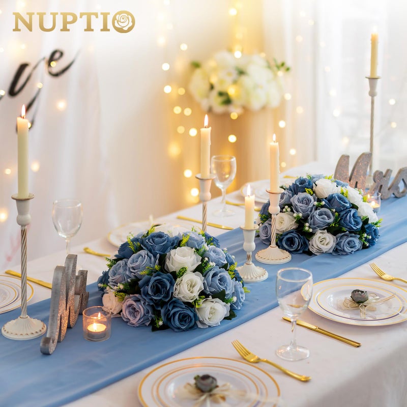 NUPTIO Large Artificial Flower Centerpieces - 2 Pcs 13.8in Diameter Dusty Blue & White Fake Flowers Roses Balls - Silk Faux Rose Arrangement for Tables Wedding Party Centerpiece Table Decorations - Image 4