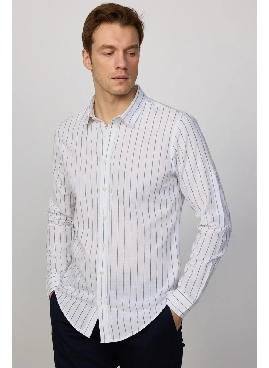 Tudors Slim Fit Tight Fit Striped Summer Linen Effect Men's Shirt