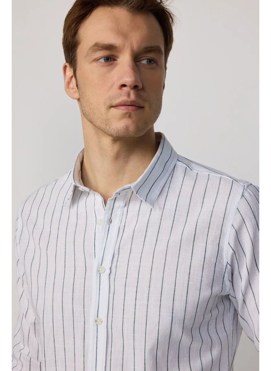 Tudors Slim Fit Tight Fit Striped Summer Linen Effect Men's Shirt