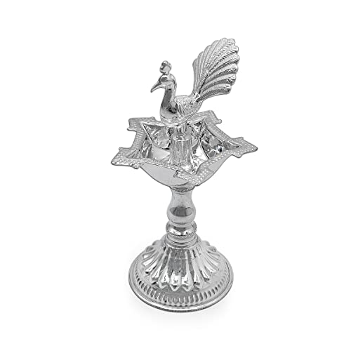MAA SILVER Pure Silver Diya Samai with Peacock at Centre & Unique Design BIS Hallmarked Perfect for Gifting and Pooja Use (92.5 Purity)(30 Grams Silver) - Image 3