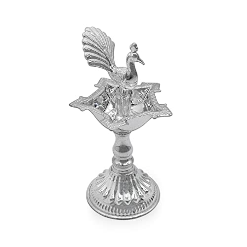 MAA SILVER Pure Silver Diya Samai with Peacock at Centre & Unique Design BIS Hallmarked Perfect for Gifting and Pooja Use (92.5 Purity)(30 Grams Silver) - Image 1