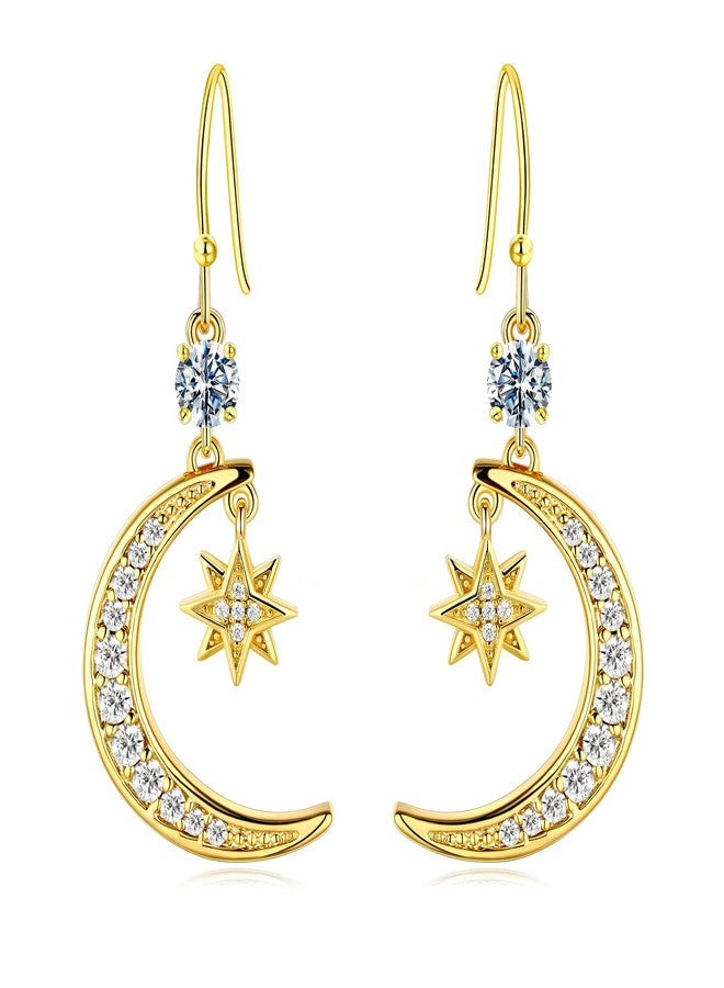 AILife 18K Gold Moon and Star Pendant Drop Earring for Women, Dainty Trendy Gold Plated Cubic Zirconia Dangle Eearrings Jewelry Gift (Yellow Gold, Moon and Star Earrings) - Image 1