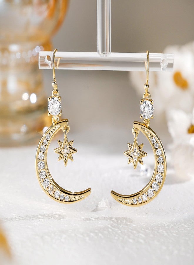 AILife 18K Gold Moon and Star Pendant Drop Earring for Women, Dainty Trendy Gold Plated Cubic Zirconia Dangle Eearrings Jewelry Gift (Yellow Gold, Moon and Star Earrings) - Image 5