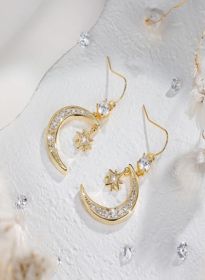AILife 18K Gold Moon and Star Pendant Drop Earring for Women, Dainty Trendy Gold Plated Cubic Zirconia Dangle Eearrings Jewelry Gift (Yellow Gold, Moon and Star Earrings) - Image 2
