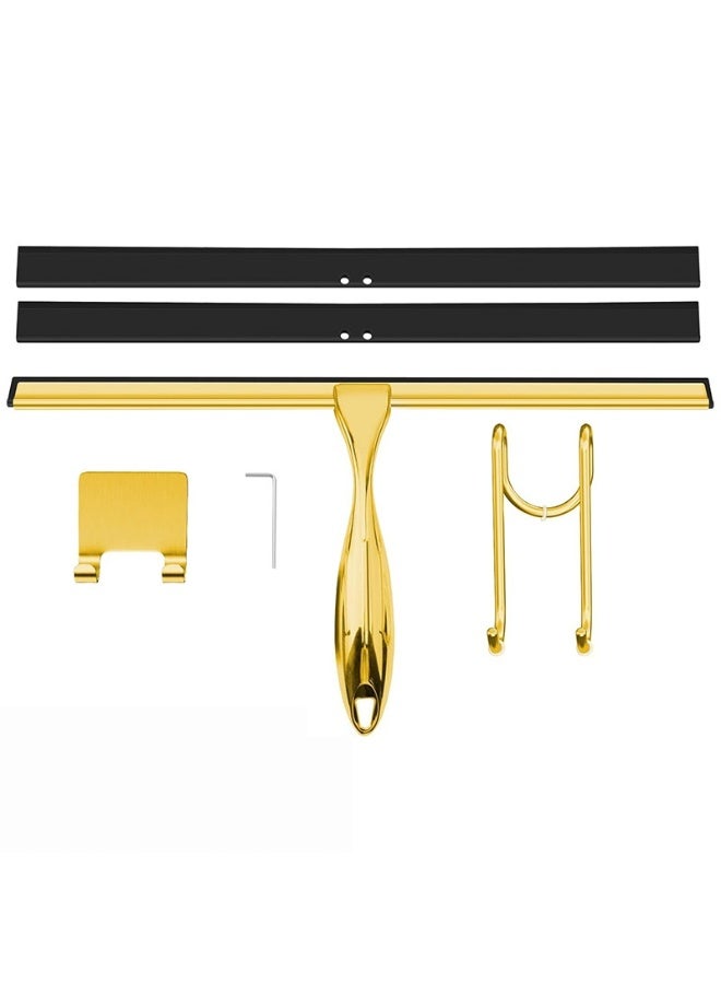 مجموعة ممسحة للحمام الفاخرة – ممسحة زجاج الدش، تحتوي على جسم رئيسي واحد + خطاف لاصق + خطاف على شكل حرف S + شفرتين بديلتين، ممسحة ذهبية من سبيكة الزنك بطول 14 بوصة - Image 1