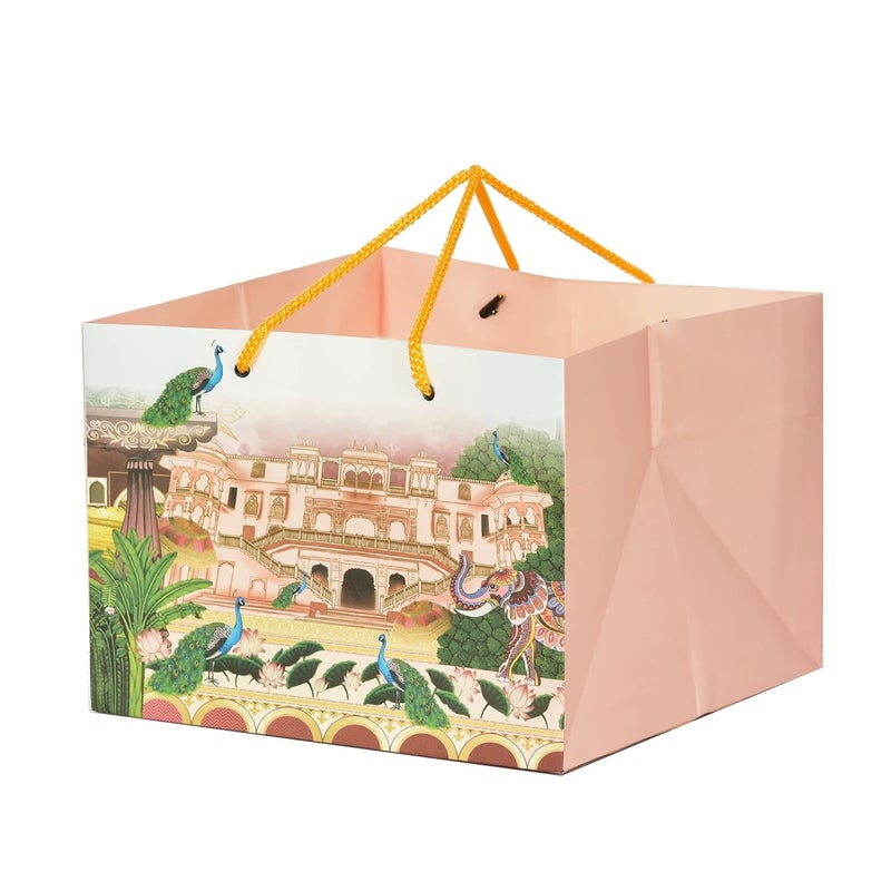 PPJ WEDDING MAHAL PEACOCK ELEPHANT 10 Pcs SWEET BOXHAMPER BOX PAPER CARRY BAG 11 Inch X 11 Inch X 8 Inch SQUARE for DIWALIWEDDINGFUNCTIONBIRTHDAYRETURN GIFTSCHRISTMAS GIFT BAGSGIFT COVERS Pack of 10