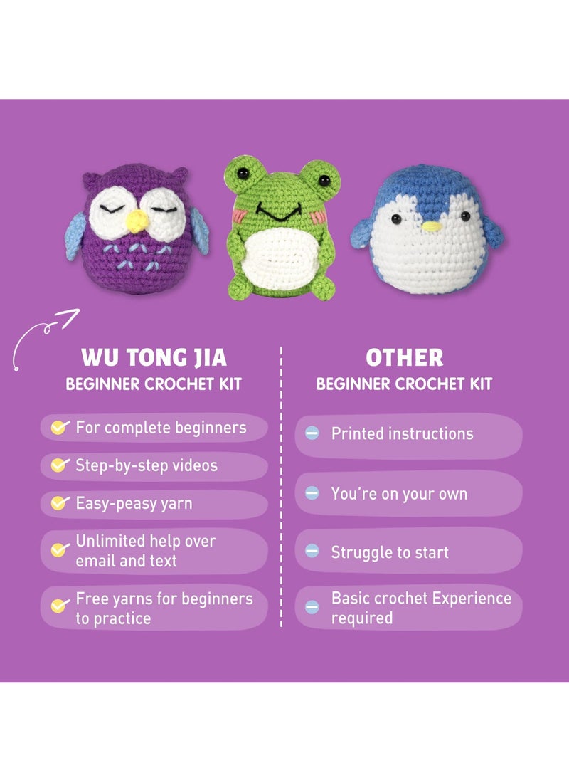 SYOSI - Beginners Crochet Kit Adults and Kids Beginners Crochet Kit Complete Set to Make 3Pcs Frog Owl Penguin Stress Relieving Craft Idea Gift with Step by Step Video Tutorials Enough Yarns Accessories - Image 1