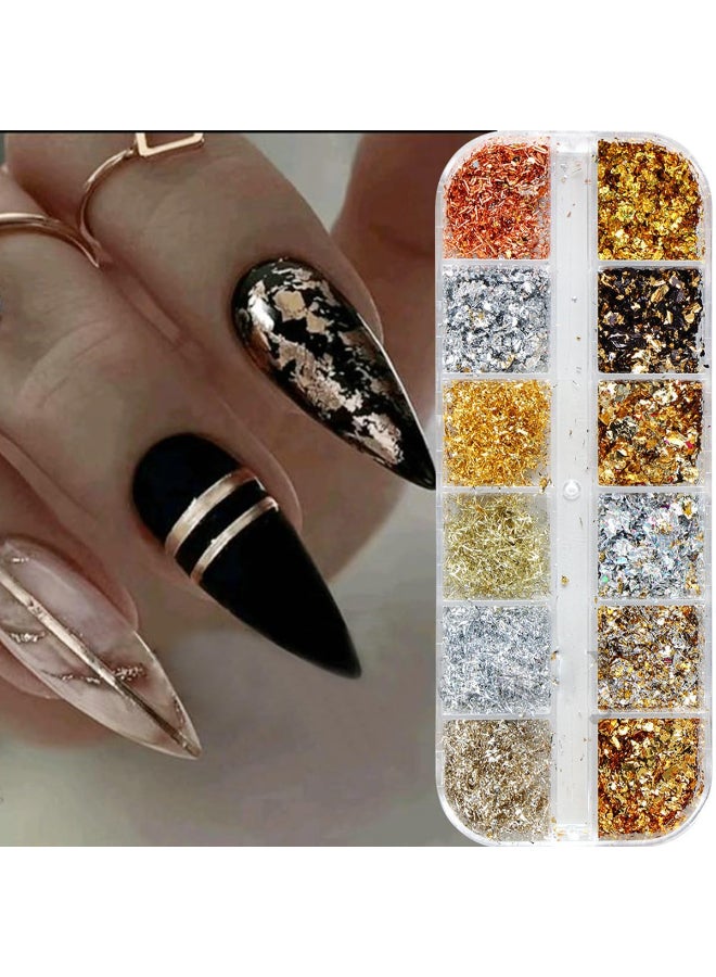 BSBTBZ Holographic Nail Glitter Gold Foils for Kit 12 Grids Sparkly UltraThin Aluminum Foil Nail Art Flakes Designs Powder Nail Glitters Sequins Acrylic Supplies DIY Manicure Charms Decorations for Women - Image 4