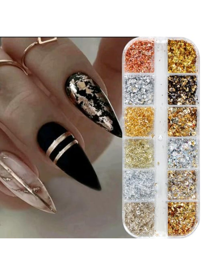 BSBTBZ Holographic Nail Glitter Gold Foils for Kit 12 Grids Sparkly UltraThin Aluminum Foil Nail Art Flakes Designs Powder Nail Glitters Sequins Acrylic Supplies DIY Manicure Charms Decorations for Women - Image 3