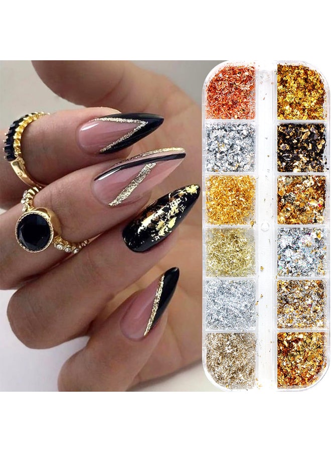 BSBTBZ Holographic Nail Glitter Gold Foils for Kit 12 Grids Sparkly UltraThin Aluminum Foil Nail Art Flakes Designs Powder Nail Glitters Sequins Acrylic Supplies DIY Manicure Charms Decorations for Women - Image 2