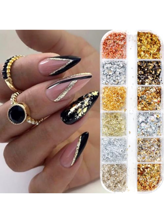 BSBTBZ Holographic Nail Glitter Gold Foils for Kit 12 Grids Sparkly UltraThin Aluminum Foil Nail Art Flakes Designs Powder Nail Glitters Sequins Acrylic Supplies DIY Manicure Charms Decorations for Women - Image 1