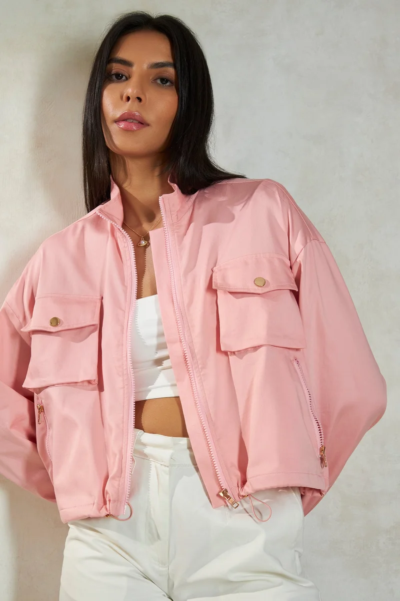 Virgio Virgio Women Stand Collar Solid Crop Jacket
