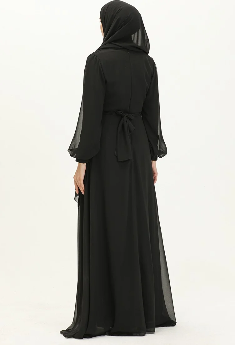 Sefa Merve Pleated Chiffon Evening Dress 5502-02 Black