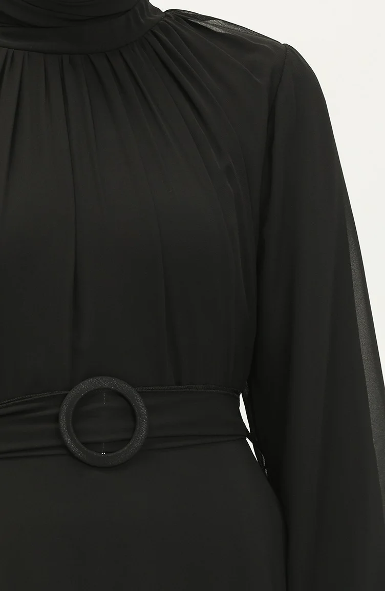 Sefa Merve Pleated Chiffon Evening Dress 5502-02 Black