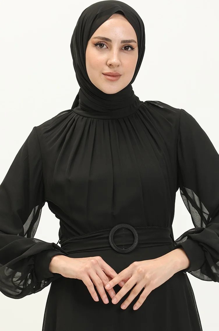 Sefa Merve Pleated Chiffon Evening Dress 5502-02 Black