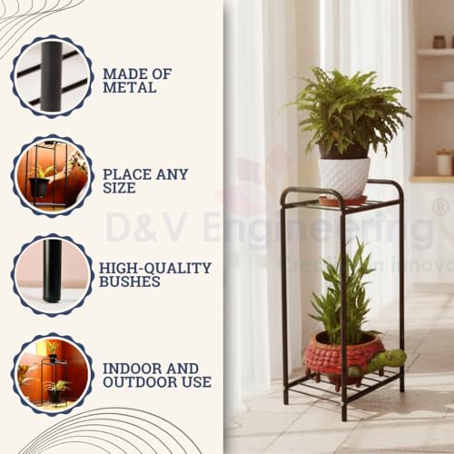 D&V ENGINEERING - Creative in innovation D&V Engineering Metal 2-Tier Plant Stand Rack for Indoor Outdoor | Heavy Duty Flower Pot Display Shelf | Space-Saving Balcony Plant Holder | Rust-Proof, Sturdy & Durable - Black - Image 3
