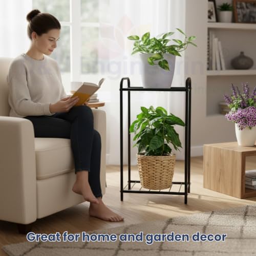D&V ENGINEERING - Creative in innovation D&V Engineering Metal 2-Tier Plant Stand Rack for Indoor Outdoor | Heavy Duty Flower Pot Display Shelf | Space-Saving Balcony Plant Holder | Rust-Proof, Sturdy & Durable - Black - Image 4