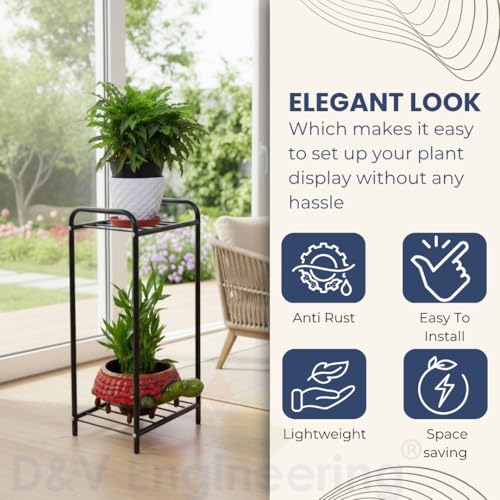 D&V ENGINEERING - Creative in innovation D&V Engineering Metal 2-Tier Plant Stand Rack for Indoor Outdoor | Heavy Duty Flower Pot Display Shelf | Space-Saving Balcony Plant Holder | Rust-Proof, Sturdy & Durable - Black - Image 2