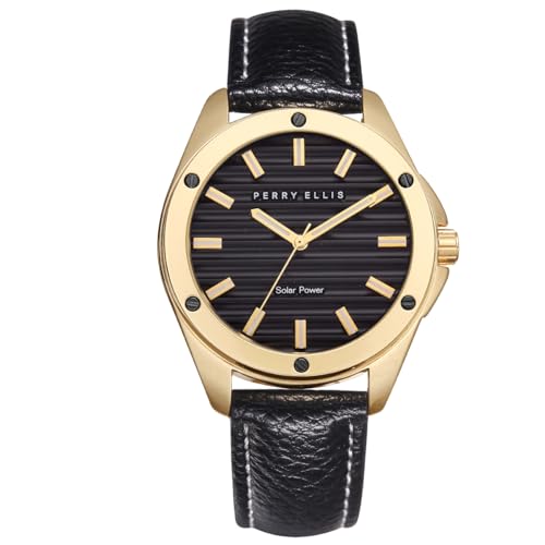 Perry Ellis Solar Powered Mens Watch Vegan Leather WaterResistant Analog Wrist Watches for Men 42mm Case Relojes para Hombres Elegant Gift for Man Gold - Image 1