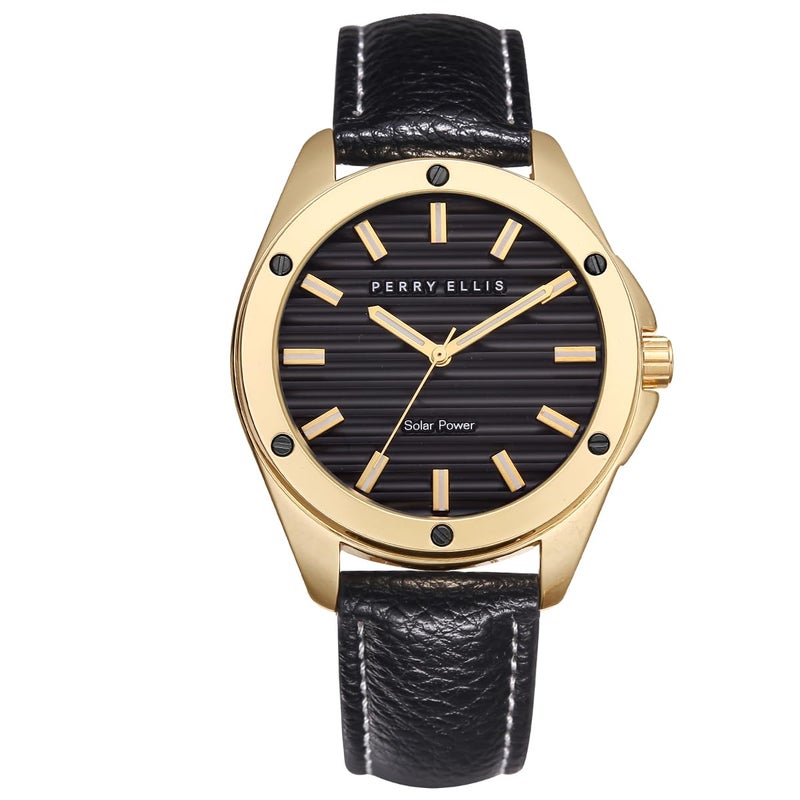 Perry Ellis Solar Powered Mens Watch Vegan Leather WaterResistant Analog Wrist Watches for Men 42mm Case Relojes para Hombres Elegant Gift for Man Gold - Image 2