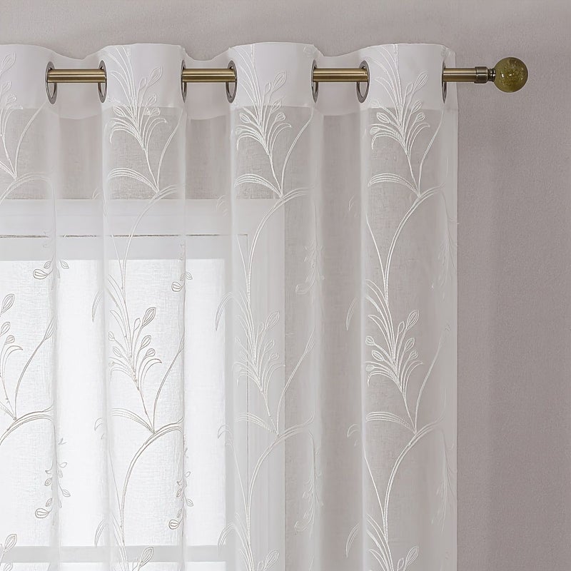 White Embroidered Sheer Curtain 55x110 Inch Bohemian Lily Flower Design - Image 5