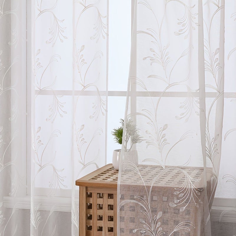 White Embroidered Sheer Curtain 55x110 Inch Bohemian Lily Flower Design - Image 3