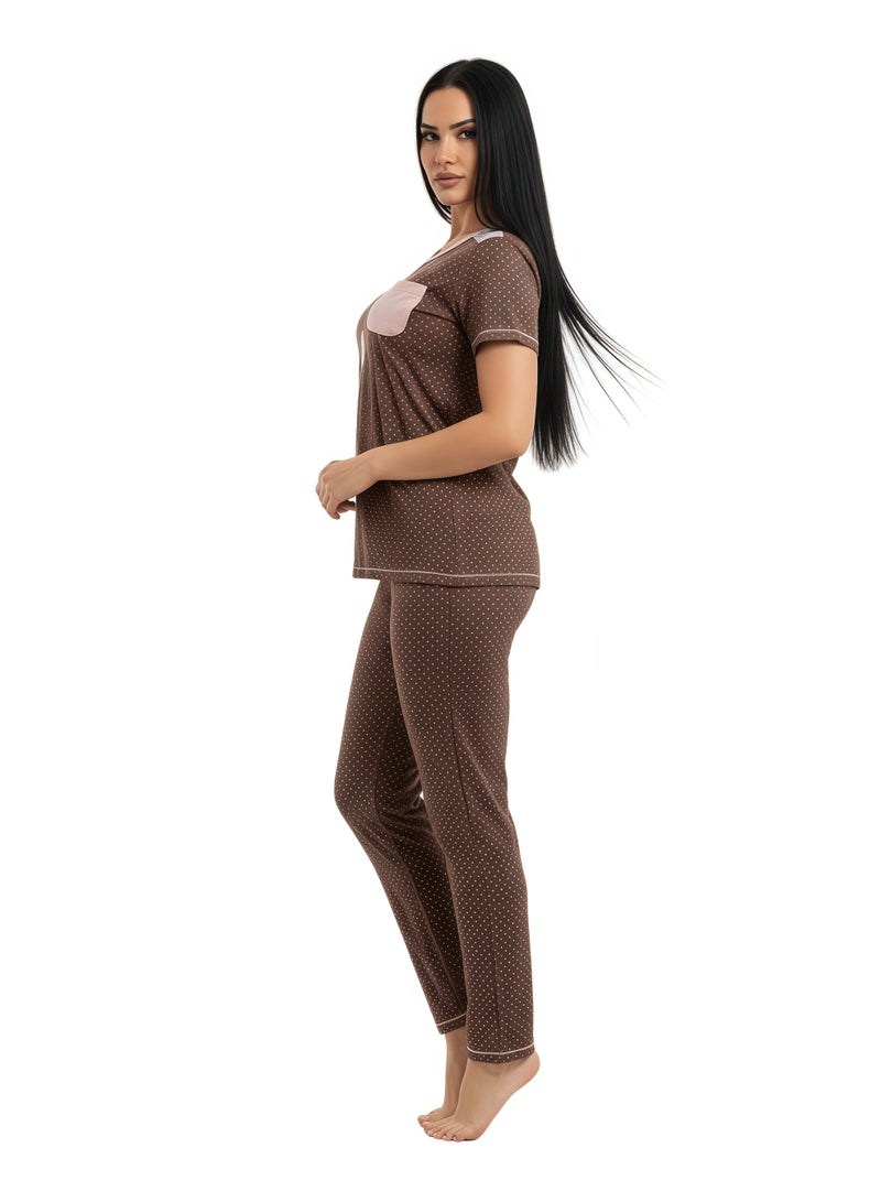 JOANNA Women's Good Life Print With Pocket Short Sleeve Shirt & Long Pants Pajama Set, Brown - Image 5