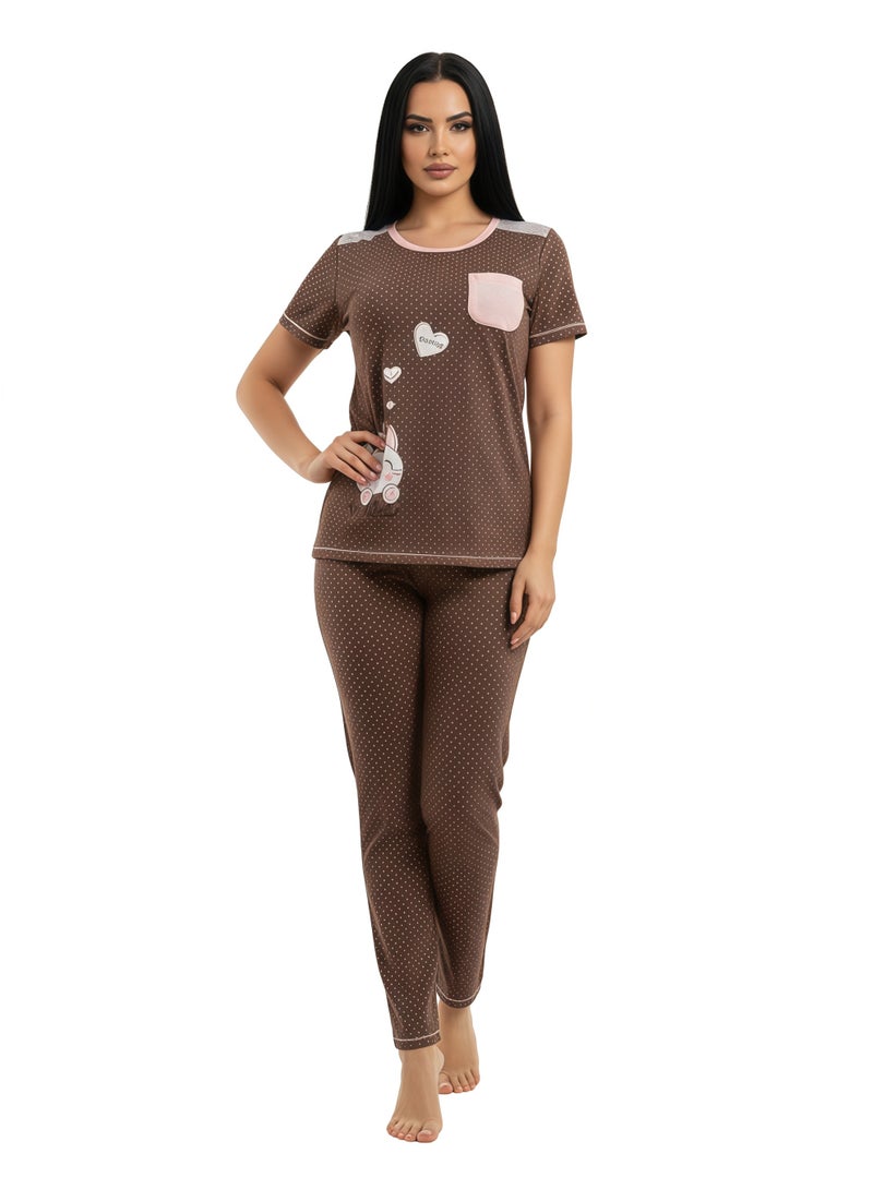 JOANNA Women's Good Life Print With Pocket Short Sleeve Shirt & Long Pants Pajama Set, Brown - Image 4
